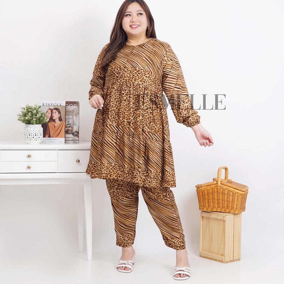 Esm Setelan Wanita Jumbo / Set Atasan Tunik dan Celana Jumbo / Set Motif Macan Terbaru 8Y7