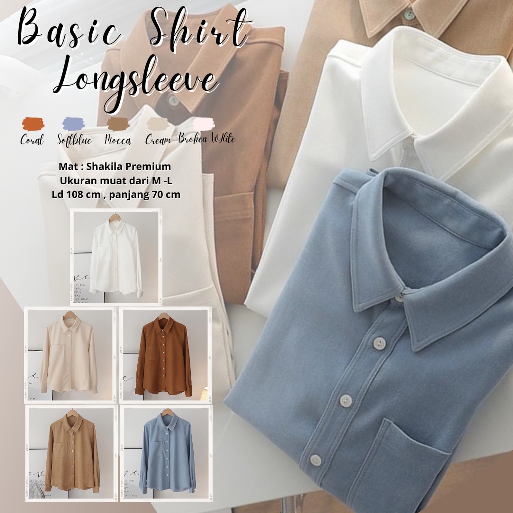 KEMEJA WANITA POLOS - BASIC SHIRT LONG SLEEVE - TOP CASUAL WANITA - ATASAN KOREA - KEMEJA BLOUSE CASUAL