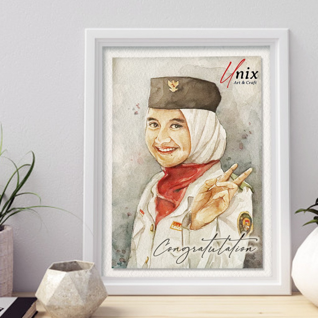 Ilustrasi Lukisan Wajah Watercolor ukuran A4 Pigura minimalis