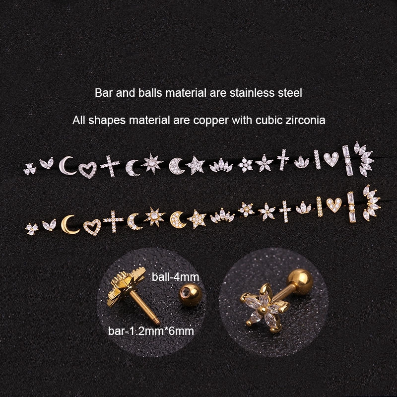 1piece Moon Star Flower Heart Cross Stainless Steel Tragus Diath Cartilage Helix Rook Piercing