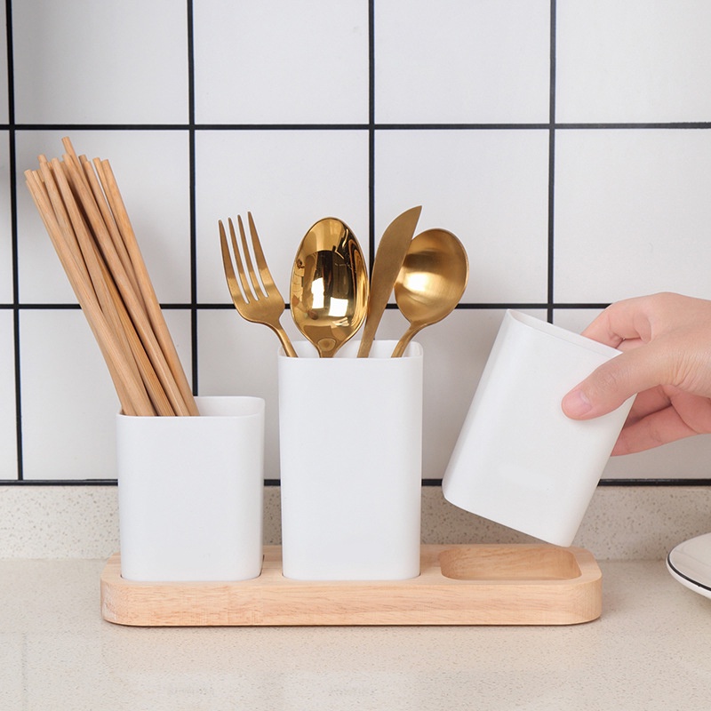 Tempat Rak Sendok Garpu Sumpit Desain Aestetik Modern Minimalis dengan Wadah Tatakan Desain Kayu Estetik Warna Putih