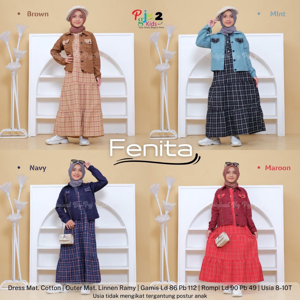 BISA COD Dress Motif Kotak kotak dengan Outer Linnen Ramy Anak Perempuan Usia 8-10 Tahun Fenita Set 