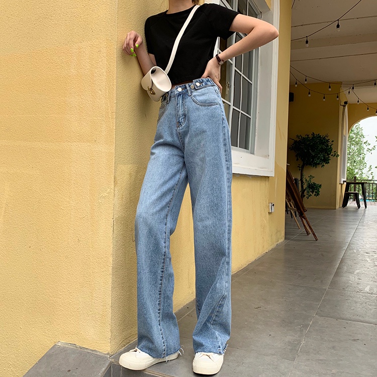 celana panjang wanita baru slim-fit high-waist straight-leg wide-leg jeans