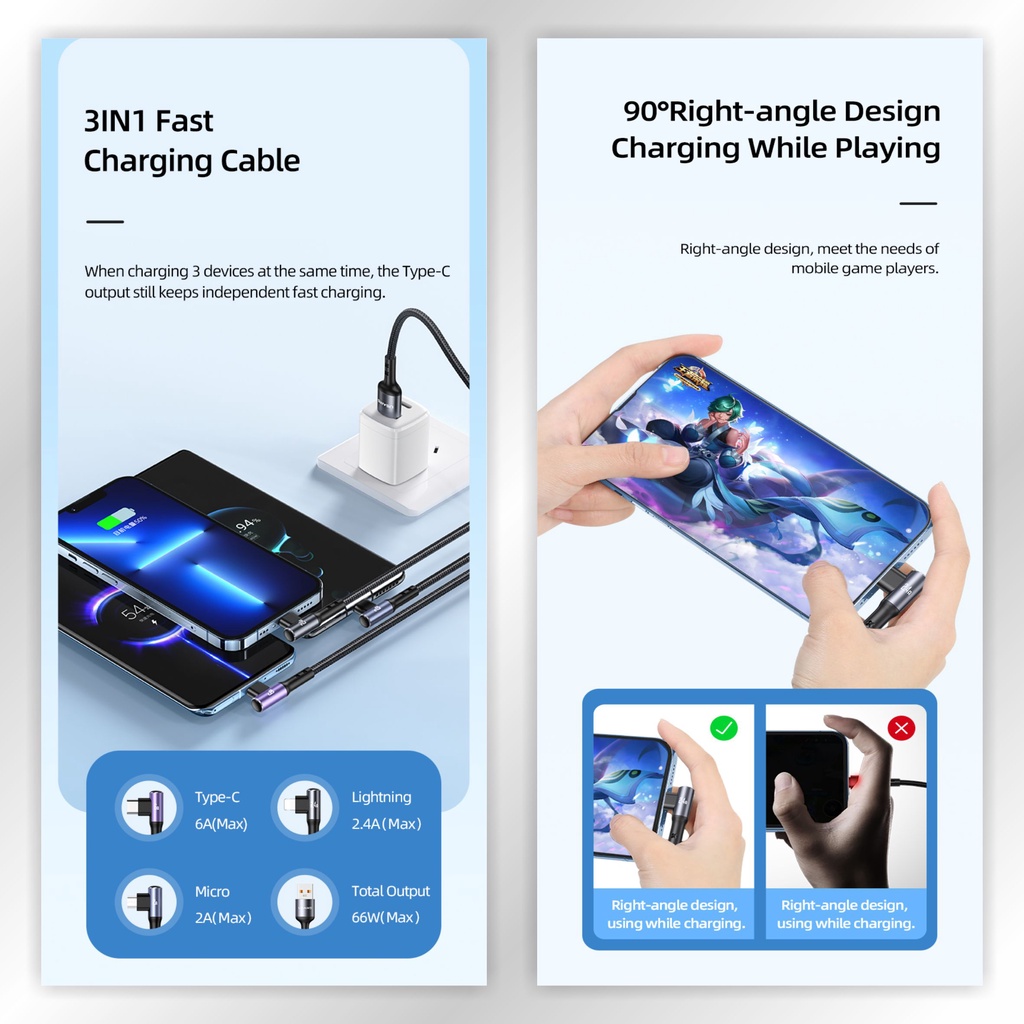 USAMS U80 Kabel Data Fast Charging 3in1 66 W Right Angle