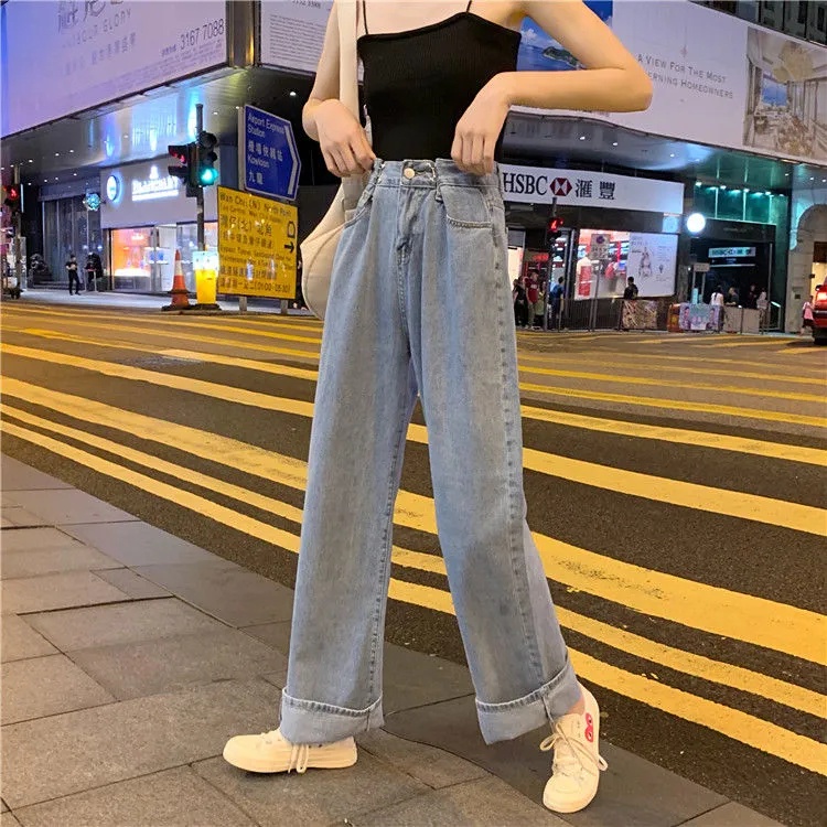 Korean New Women's Loose High Waist Wide Leg pengait celana jeans