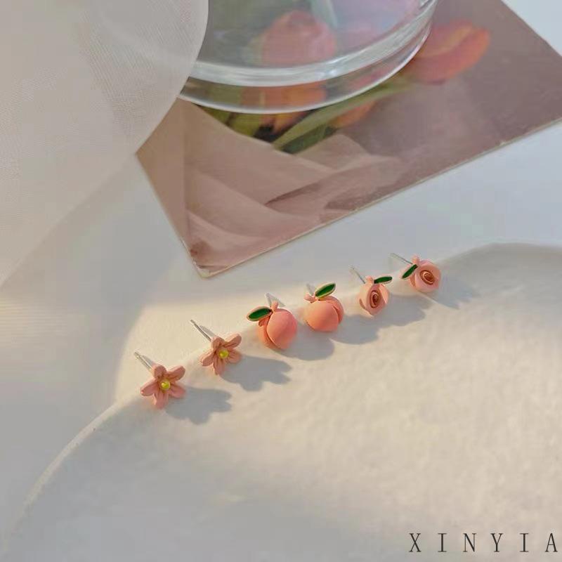 3 Pasang Anting Tusuk Bentuk Buah Peach / Bunga Untuk Wanita