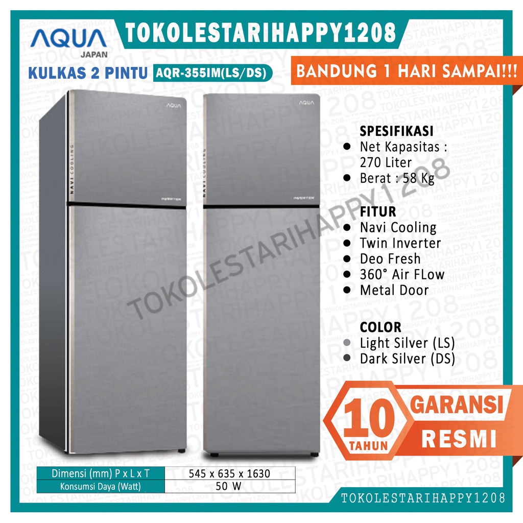 KULKAS 2 PINTU AQUA AQR-355IM AQR 355 IM 270 liter INVERTER GARANSI RESMI