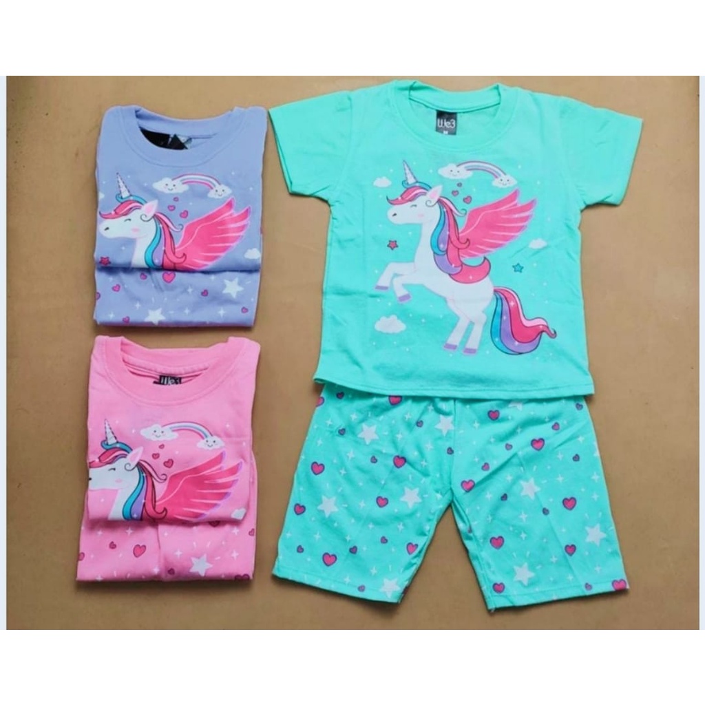 Baju Anak Perempuan v3/w3 Setelan Tangan Pendek Celana 3/4 Usia 1-10 Tahun