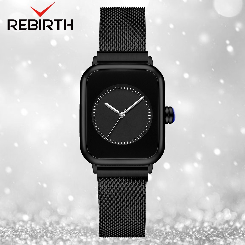 REBIRTH Jam Tangan Wanita Mode Square Dial Santai Display Kuarsa Tali Jala Tahan Air Jam Tangan Cewek-Black
