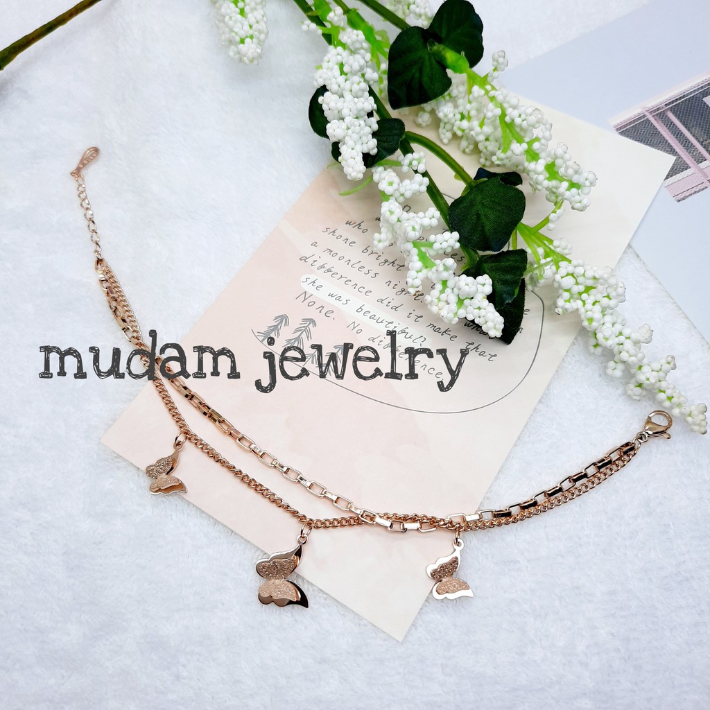 Gelang Rantai Titanium Dua Leyer Dengan 3 Kupu-Kupu Tersedia Warna Rose Gold,  Gold dan Silver