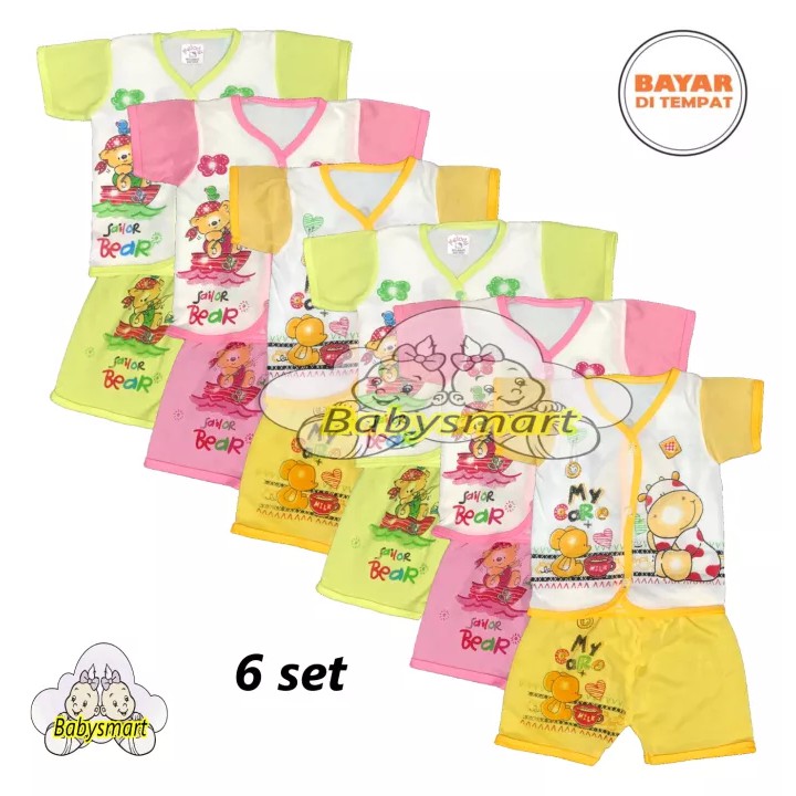 BAYIe - MELODY WARNA... 6 SET Setelan Baju Lengan Pendek Bayi+Celana Pendek umur 0-3 bulan/baju anak