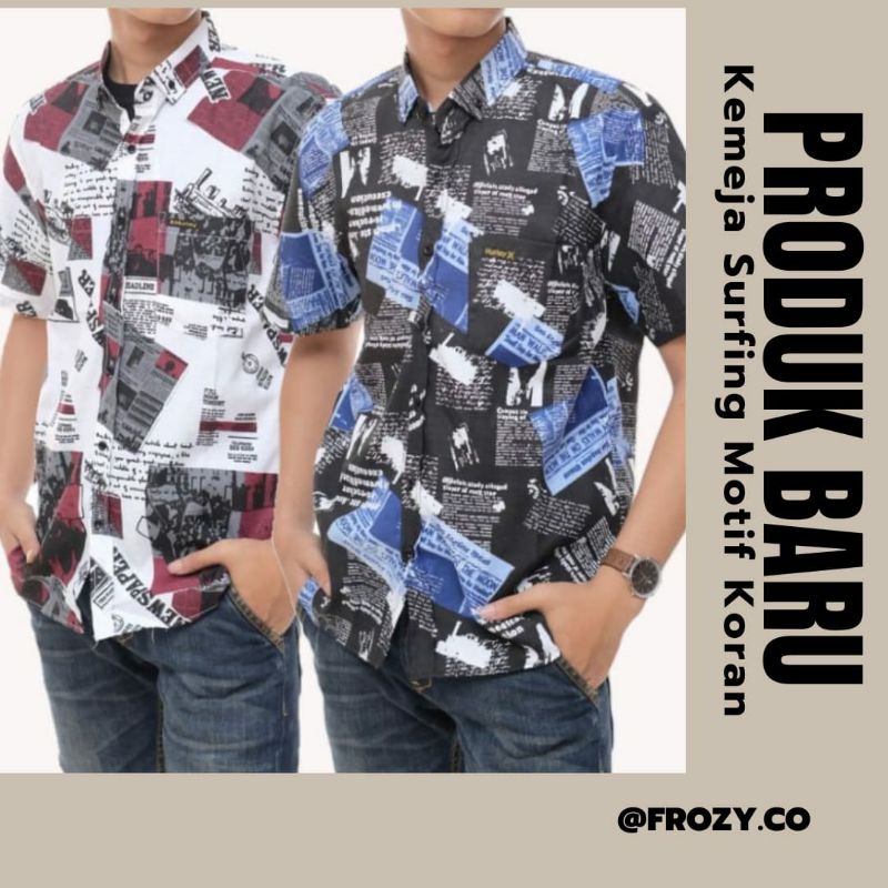 Kemeja Pria Pendek Motif Koran | Kemeja Surfing | Kemeja Pria Kekinian