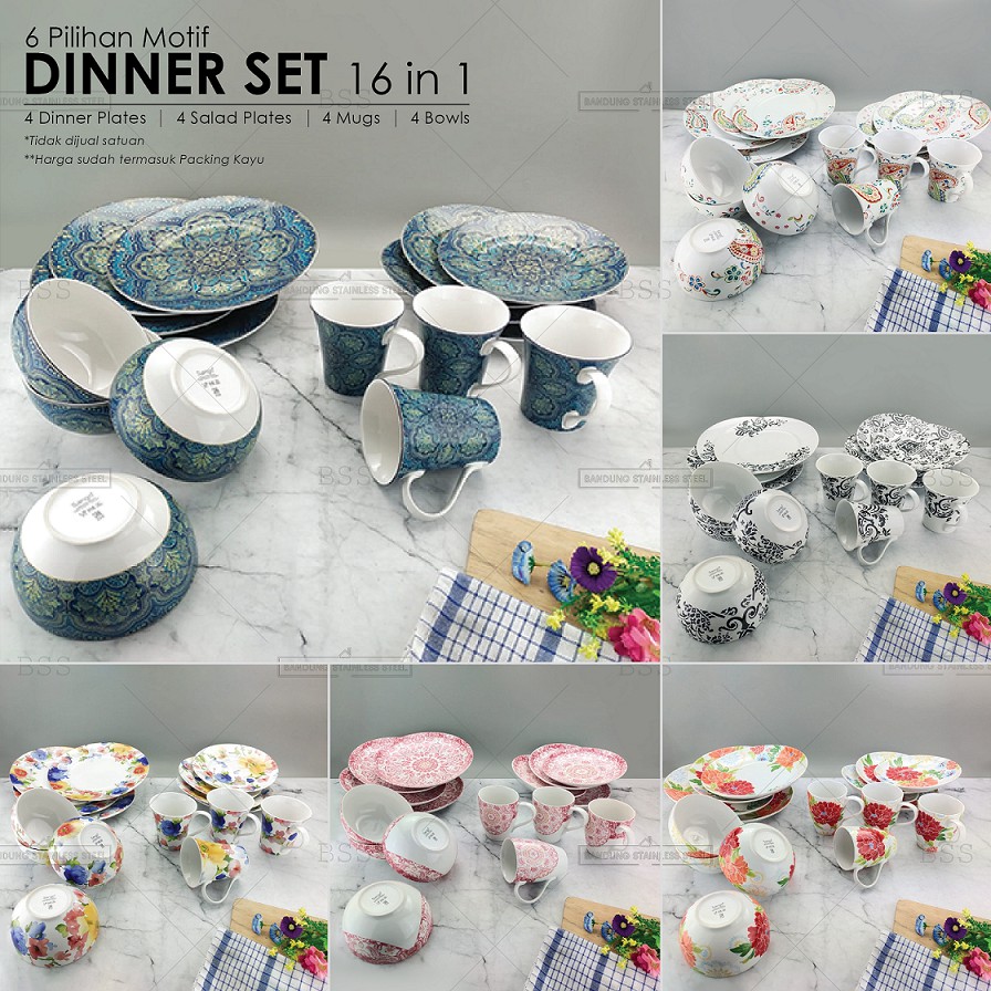 Sango Dinner Set 16 in 1 Pilihan Motif Bunga Warna Floral Melangi Red Agustina Claudette Blue Huang