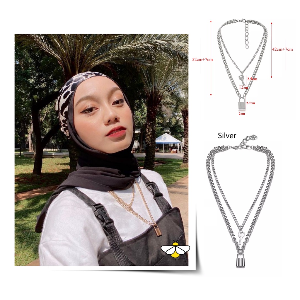 Import Kalung Rantai Layer Silver Liontin  Kalung Gembok Retro Simple Aksesoris Fashion Korea