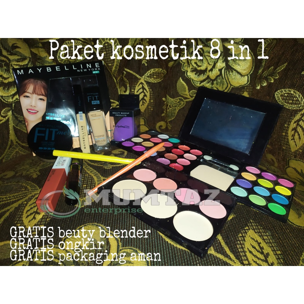 Maybelline Paket kosmetiik wanita murah lengkap promo super hemat make up 1 set 8 in 1 / - bedak tabur - conceller- foundation - mascara - eyeliner - lip cream - pensil alis viva - eyeshadow - GRATIS beuty blender