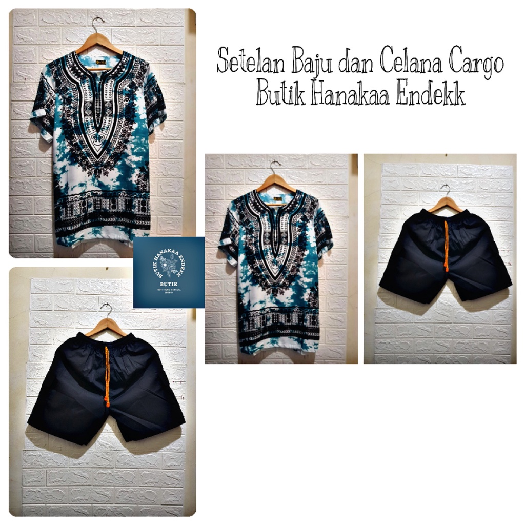 Set/Setelan Baju dan Celana Cargo Etnik Dashiki Bercak Pria/Wanita (Unisex)