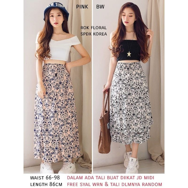 Rok spandek Floral import wanita Rok motif Hijau Rok Panjang Bahan spandek import wanita Kekinian