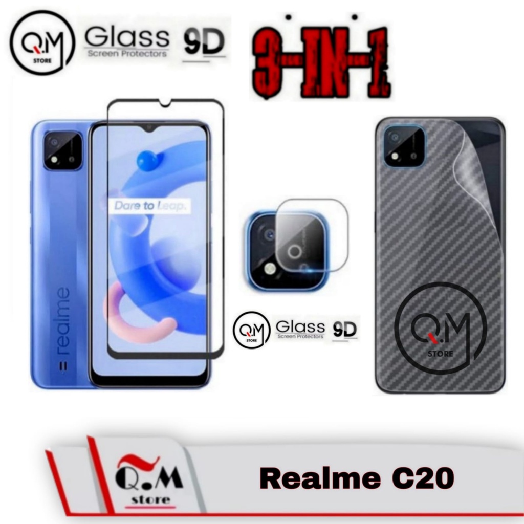 Paket 3 in1 Tempered Glass Realme 9 Pro / Realme 9 Pro / Realme C20 Screen Guard Full 9D Pelindung Layar Plus Camera + Garskin