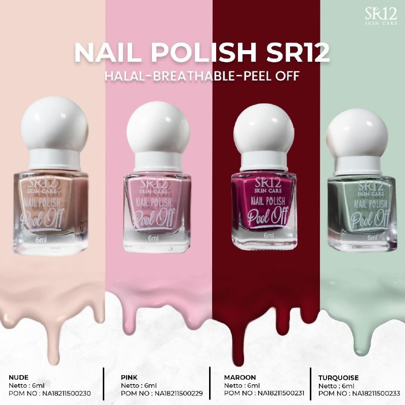 Kutek SR12 Nail Polish Peel Off Halal Waterbased Cepat Kering Mudah dikelupas Non Alkohol Bpom Perawatan Kuku