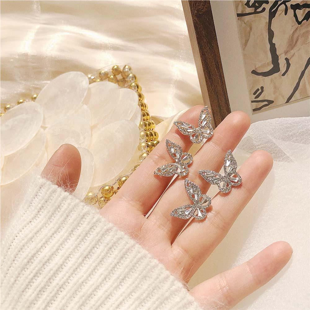 Anting Stud Silver Needle Bentuk Kupu-Kupu Kecil Aksen Berlian Imitasi Warna-Warni Gaya Korea Untuk Wanita