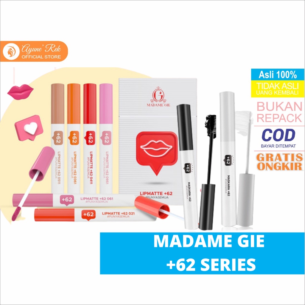 MADAME GIE +𝟲𝟮 Lip Matte Make Up Lipstick | Maskara Hitam | Bening | Clear Mascara | Waterproof | Li