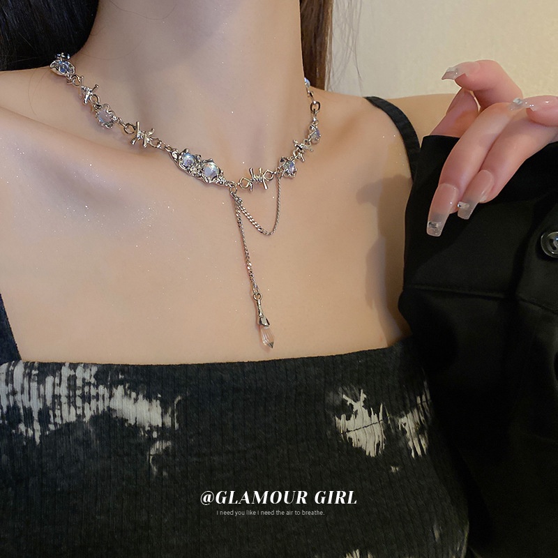 Y2k Kalung Choker Silver Dengan Liontin Batu Opal Mewah Untuk Wanita