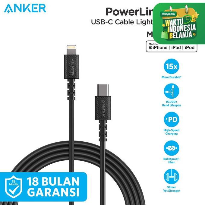 Kabel Charger Anker PowerLine Select C to Lightning 6ft Black - A8613 - Hitam