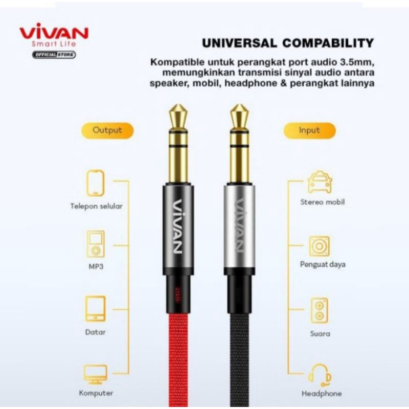 Vivan AUX01 Aux Audio Cable 100CM HI-FI Sound Gold Plated Jack 3,5mm-merah and black