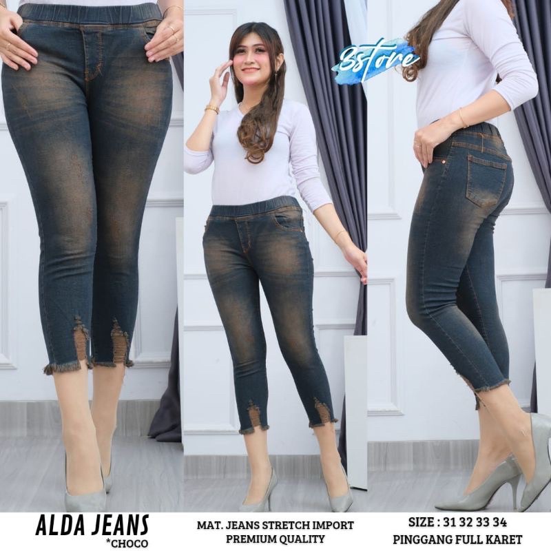 BISA COD|ALDA JEANS|CELANA JEANS WANITA 7/9 APLIKASI SOBEK CAKAR