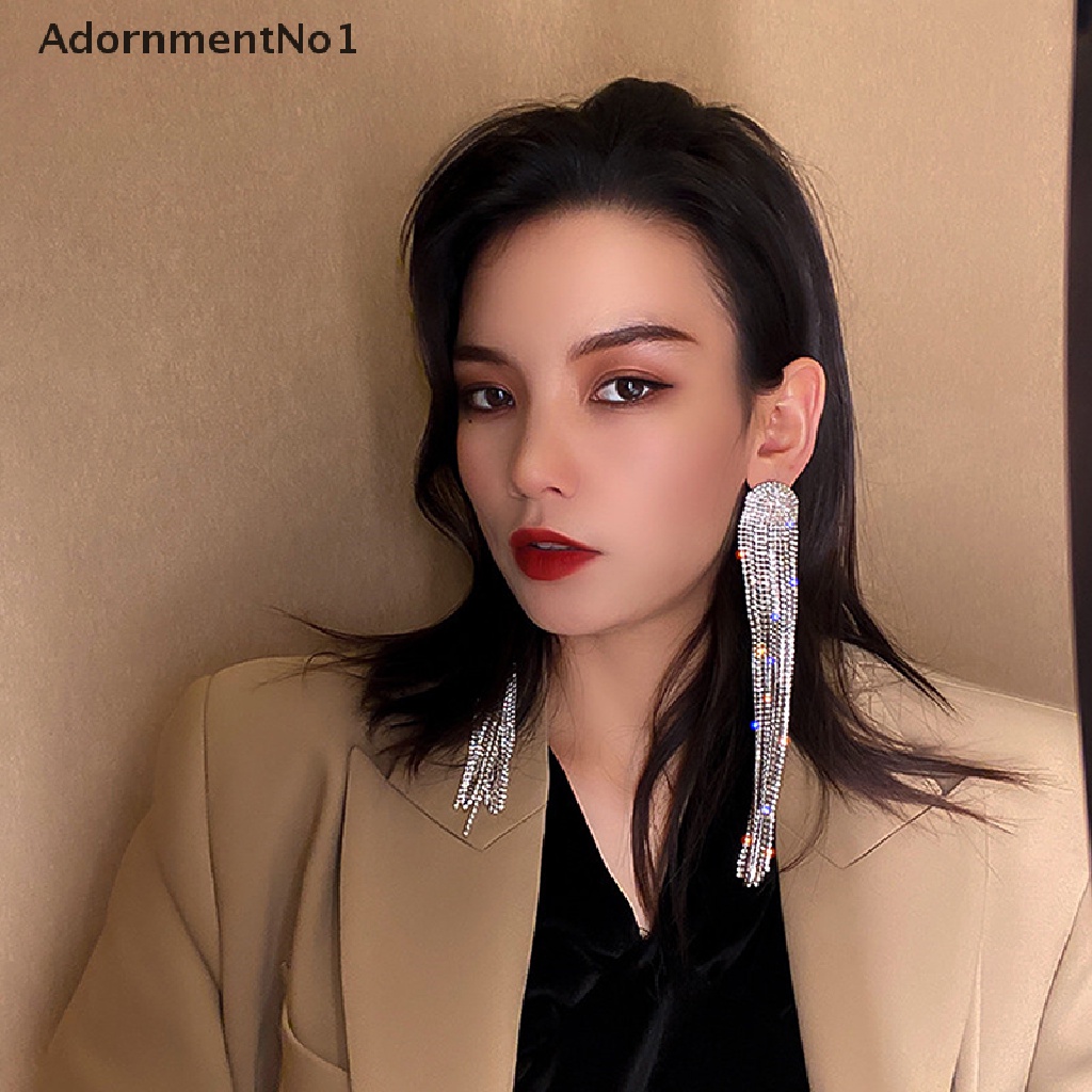 (AdornmentNo1) Anting Gantung Panjang Tusuk Motif Geometri Aksen Rumbai + Kristal + Berlian Imitasi Untuk Wanita