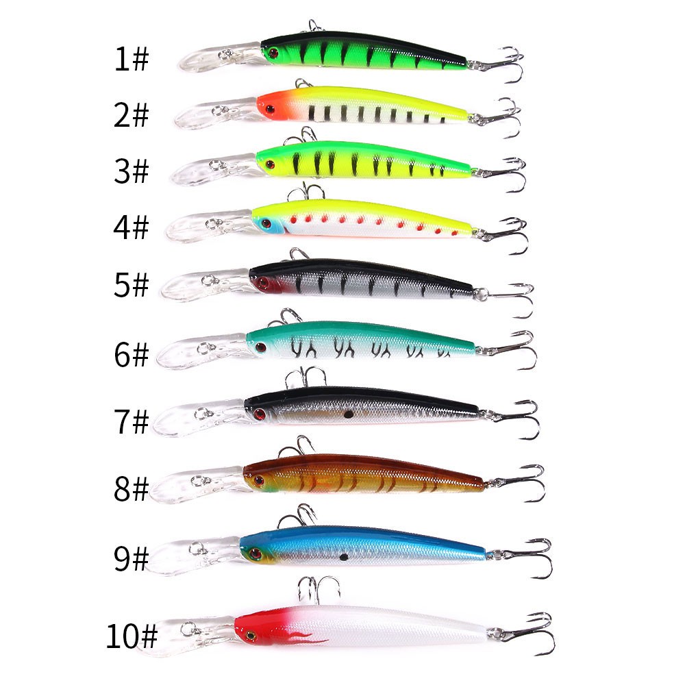 Hengjia 10pcs / Set Umpan Pancing Bentuk Ikan Minnow Lidah Panjang 14.5cm / 14.7g Floating Fishing Lure Diving 0.6-2.4m Fishing Tackle