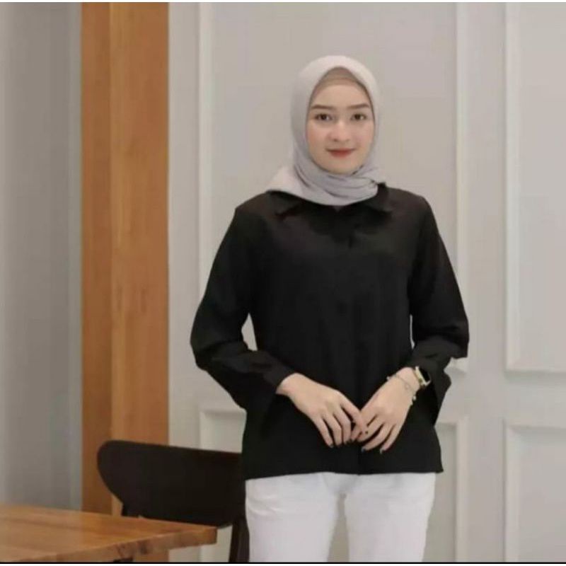 Baju Kemeja Wanita Kerja Kantor Lengan Panjang Murah Polos Casual Korea Putih Harian Jumbo Hitam rh1-Hitam