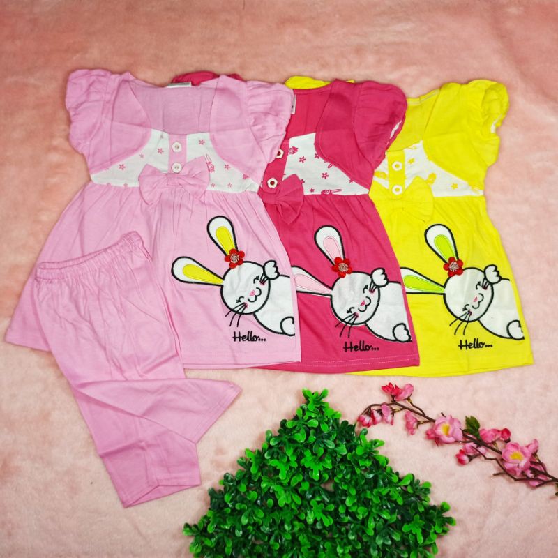 Ss#1015 Setelan Anak Perempuan size 1-2tahun / Baju Anak Cewek / Baju Anak Lucu Gambar Rabbit Hello