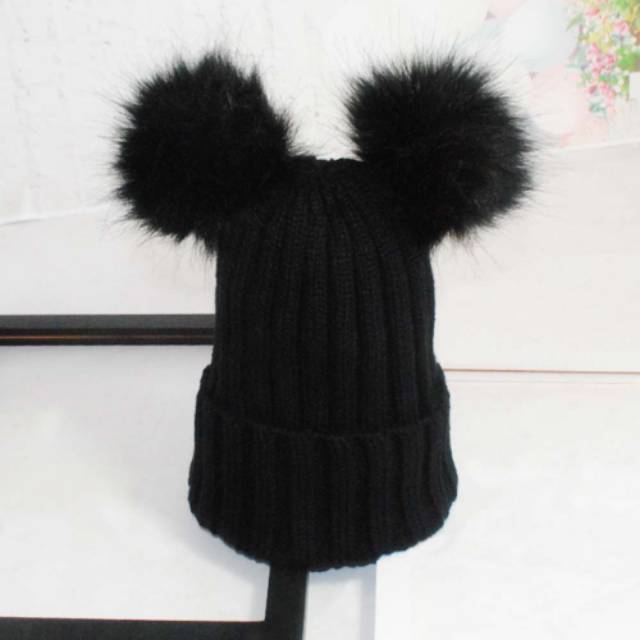 Topi Kupluk Beanie Pompom Panda Halus Rajut Winter Penghangat Musim Dingin