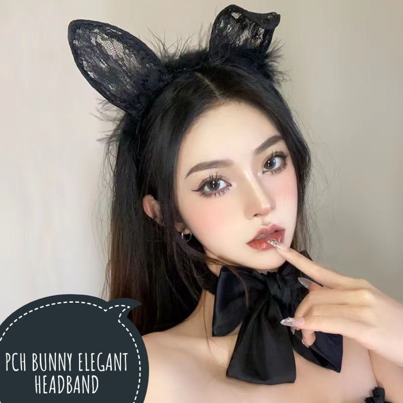 BANDO KELINCI LONCENG RENDA HITAM / BANDO BUNNY RENDA / HEADBAND RABBIT