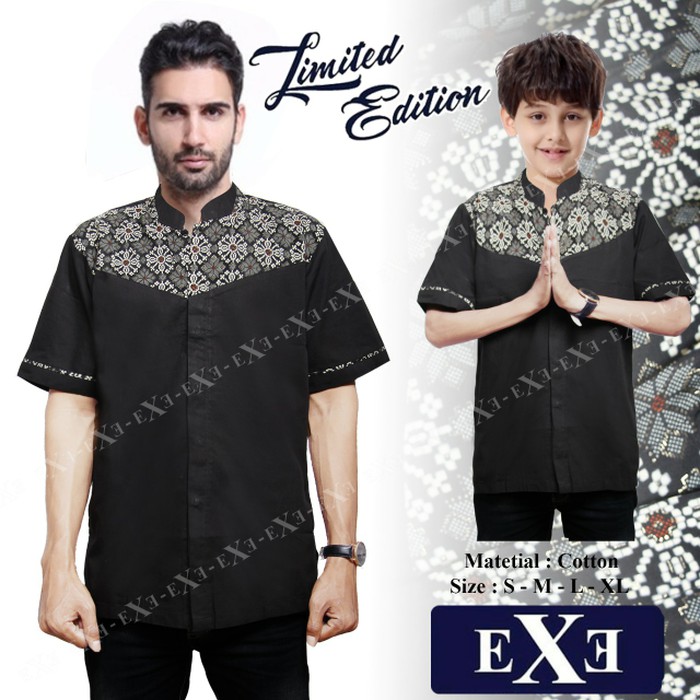 Kemeja / Baju Koko Muslim Couple Ayah Anak - Hitam Kombinasi Batik - Hitam