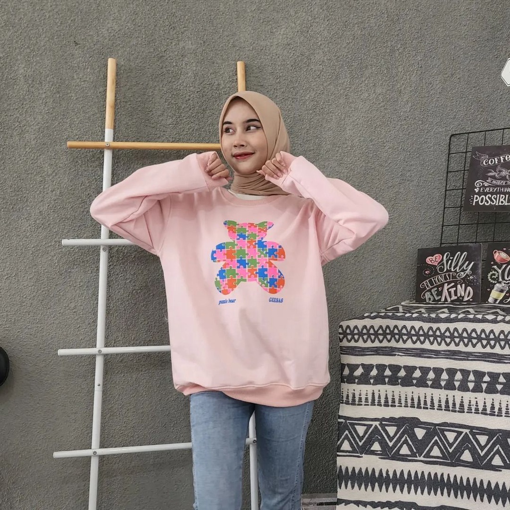 PUZZLE BEAR Crewneck Oblong Sweater Oversize | Outerwear Wanita Fashion Terkini Korean Style