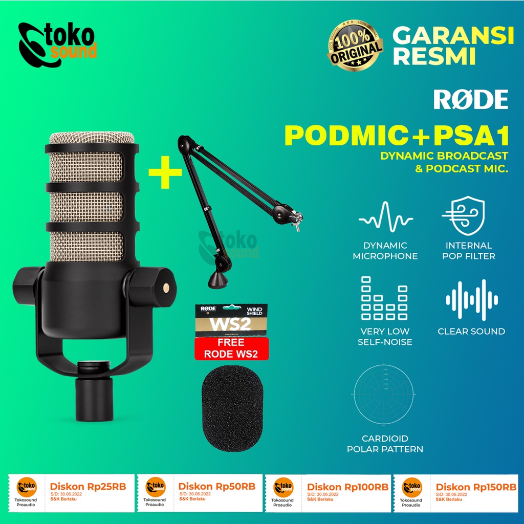 RODE PodMic Dynamic Podcast Mic + RODE PSA1 Studio Boom Arm - Sepaket