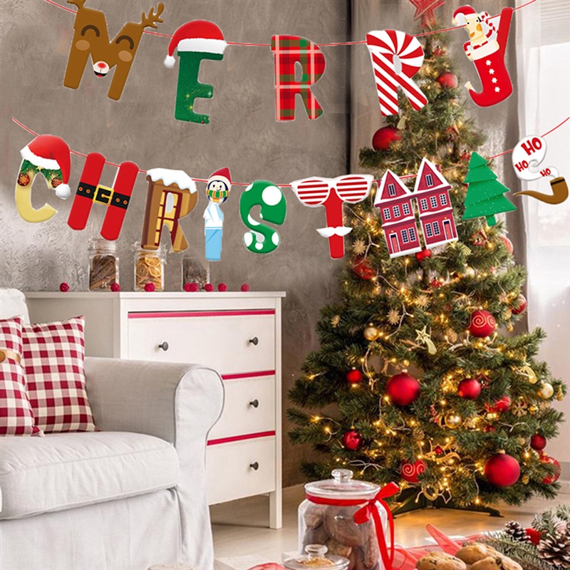 【Theredsunrisesiwy.id】1PCS Merry Christmas Banner Wall Hanging Garland Xmas Tree Pattern Bunting Flag