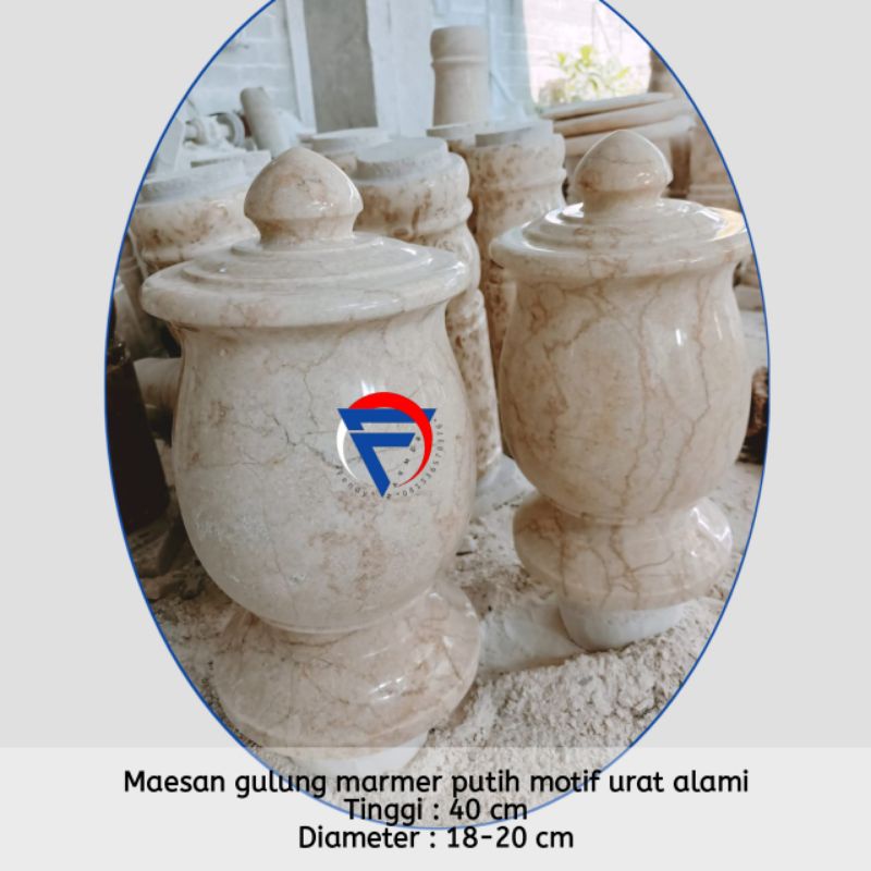 Nisan/maesan/patok makam model bulat solid batu marmer putih motif urat alami