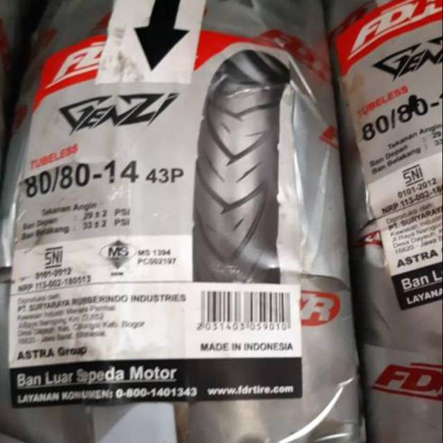 Ban tubeless 80/80-14 depan/belakang FDR genzi/pro untuk Honda beat/Vario/Scoopy Series dan Yamaha Mio/J/M3