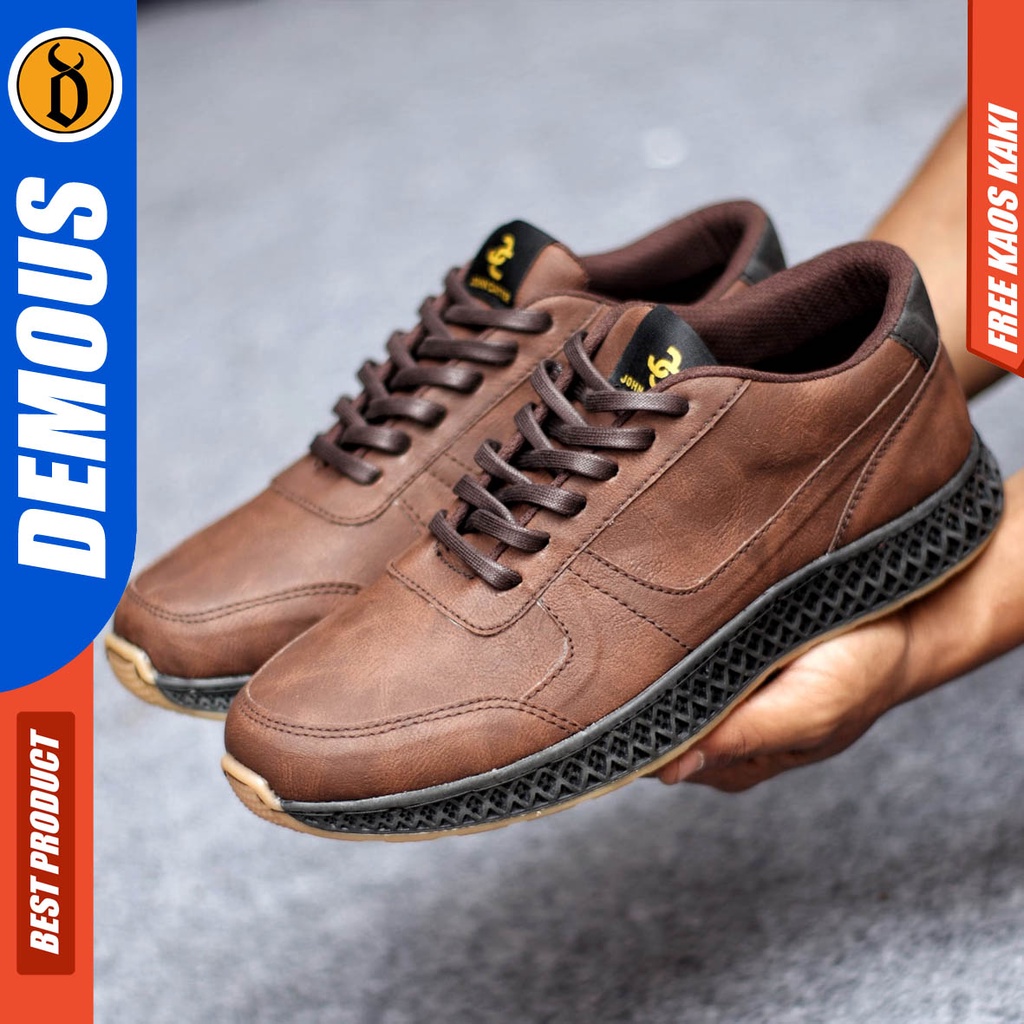 Sepatu Sneakers Kerja Pria Casual Kulit Pu Hitam Coklat Demous Runn