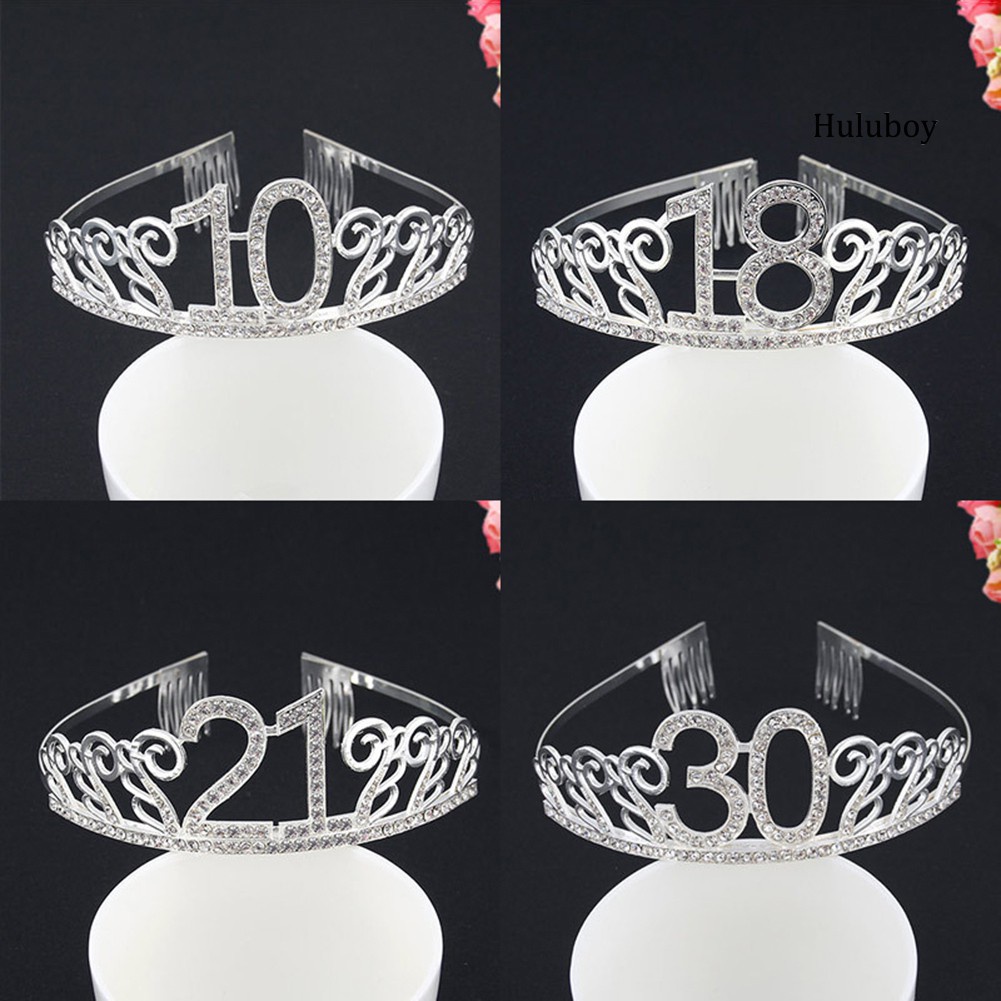 HLB~10/18/21/30/40/50 Birthday Party Tiara Rhinestone Headband Hair Loop Crown Decor