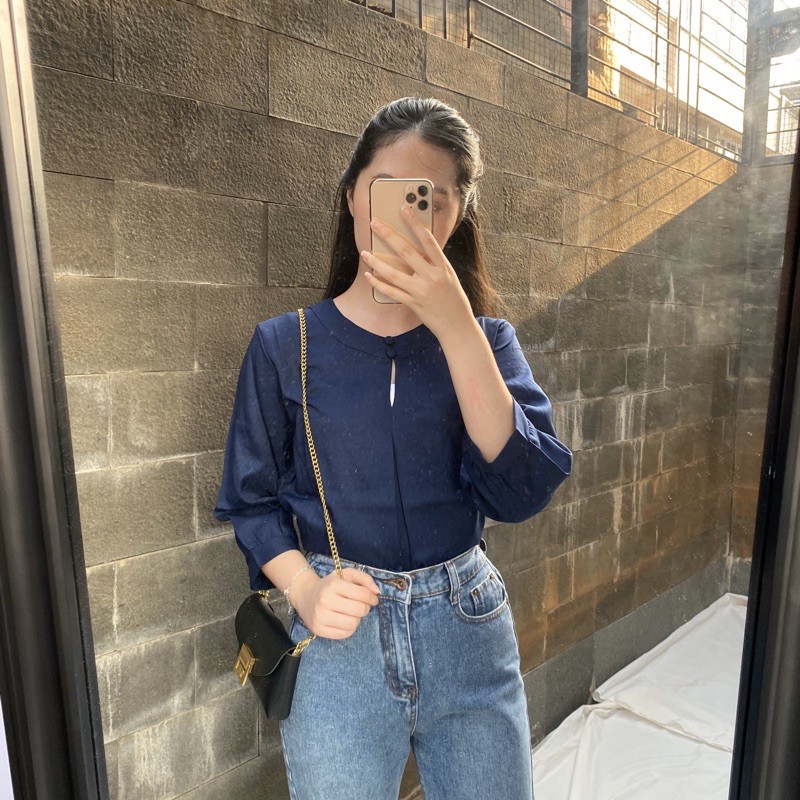 NYLA Blouse Kantor Korea 3/4 Sleeves Blus Jumbo Tunik Big Size A20-1958-navy