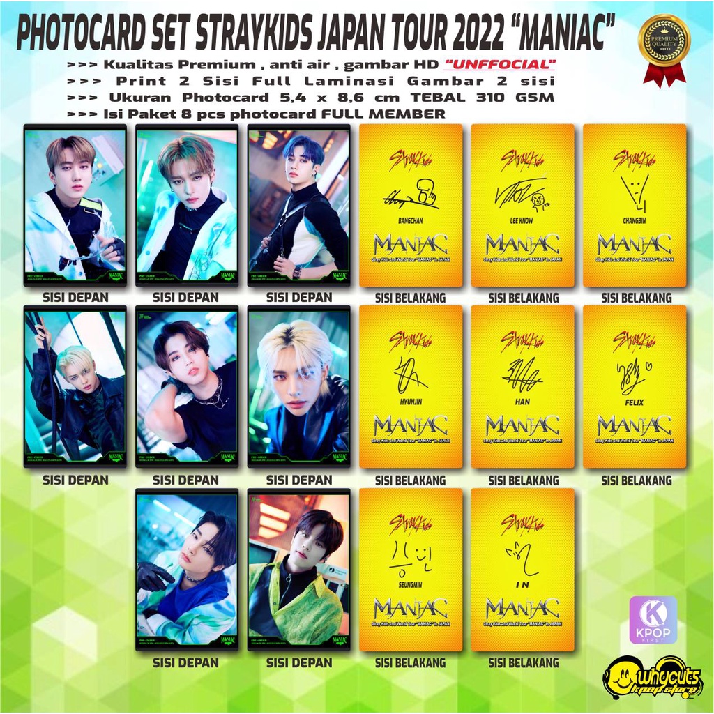 PHOTOCARD SET PC KPOP PREMIUM STRAYKIDS JAPAN TOUR MANIAC / PRINT 2 SISI FULL LAMINASI GLOSSY / ANTI AIR / ART CARTON 310GSM