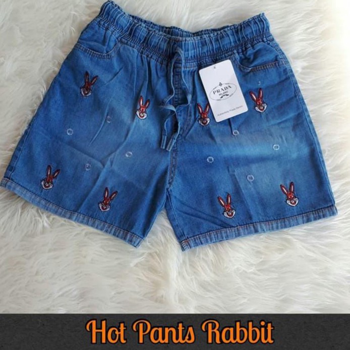 Celana Hotpants Jeans Kelinci / Rabbit Wanita. Hot Pant Jeans Pendek Motif Bordir Kelinci