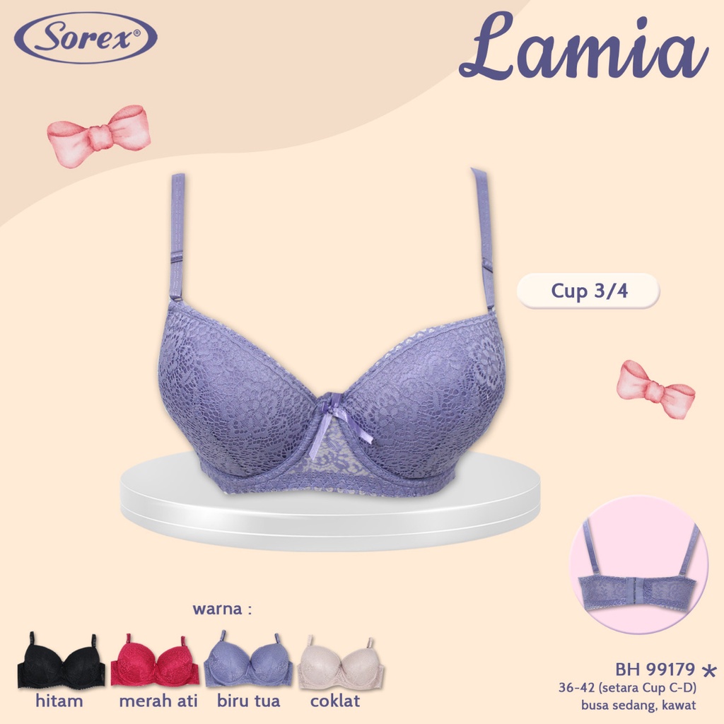 BH Sorex 99179 Bra Wanita Cup 3/4 Kawat Busa Sedang Kait 3 Ukuran 36-42 Motif Bunga Aksen Renda Terbaru Termurah