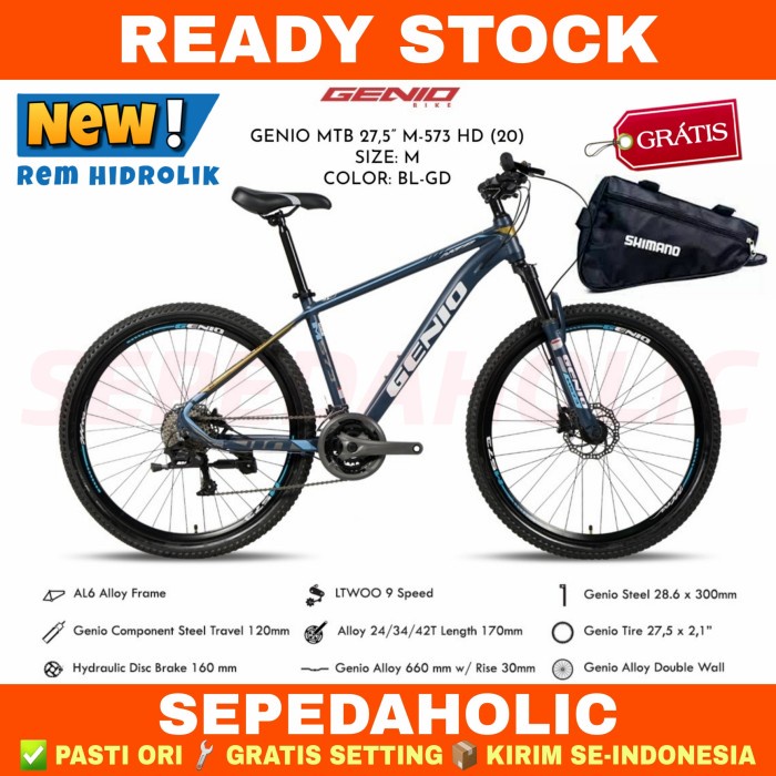 Sepeda Gunung 27.5 Inch MTB GENIO M 573 HD Versi Terbaru Rem Hidrolik - BL GD, BONUS TAS MTB