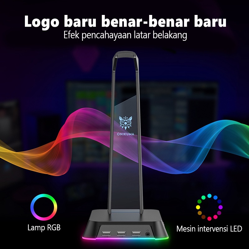 Onikuma ST-2  RGB Gaming Headphone Stand Komputer Headset Desktop Tampilan Pemegang Logo Bercahaya dengan 3 USB dan 3.5 Mm AUX Port