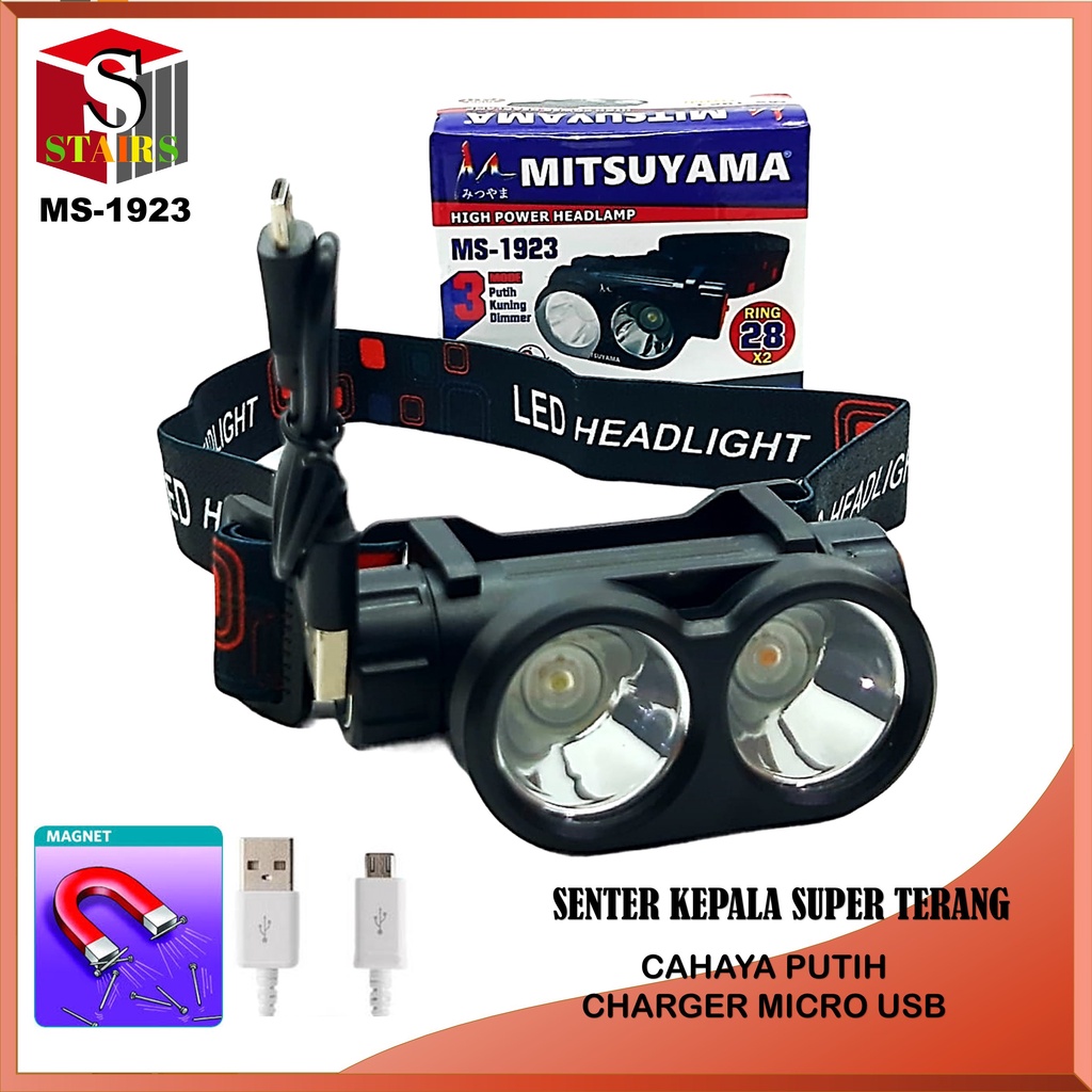 Terang Berkualitas Senter Kepala LED Super 1923 Port Charger Micro USB Cahaya Putih